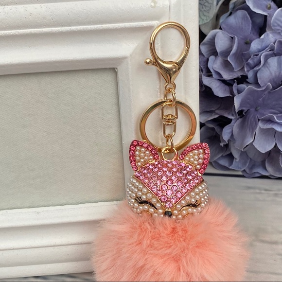Crystal & Pearl Fox Pale Pink Pom Pom Keychain - Picture 8 of 16